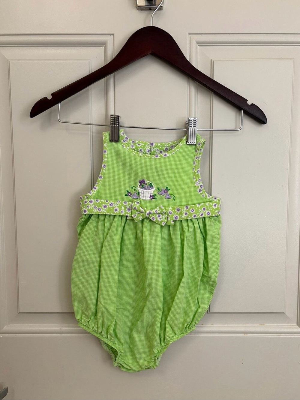 24 Month Green Gingham Baby Bubble Romper with Floral Trim